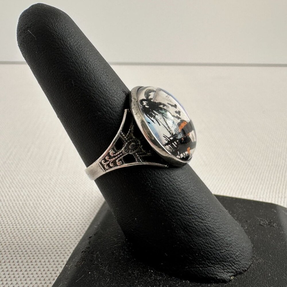 Art Deco Hoffman Sterling Butterfly Wing Ring, Scenic Convex Glass Size 8.5 - Picture 2 of 7
